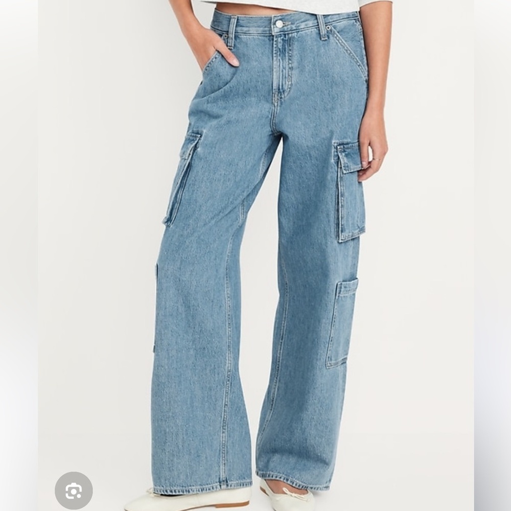 Old Navy Mid-Rise Baggy Wide-Leg Boho Y2K Cargo Denim Jeans Size 8 Tall